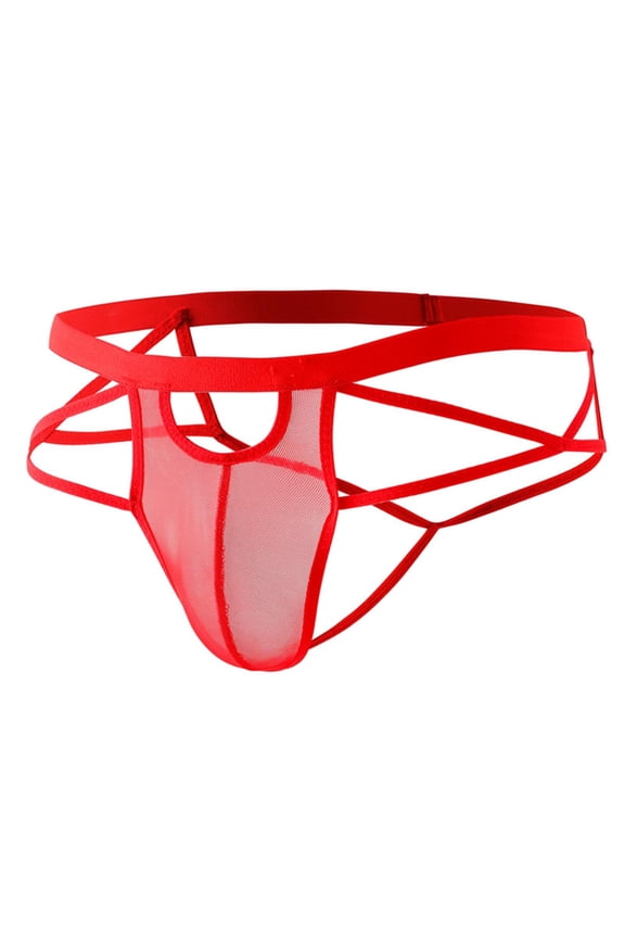 Men's Jockstrap Thong Underwear Mesh Lingerie with Strappy Back G String and U Convex Pouch Red Free Size