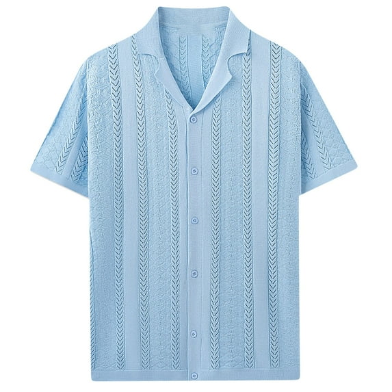 LODIENY Men's Knit Striped Shirts Vintage Short Sleeve Button Down Hawaiian Shirt Casual Regular Fit Summer Beach Vacation Tees Shirt Tops Blue XL