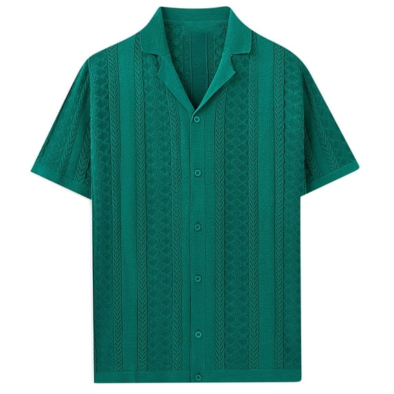 LODIENY Men's Knit Striped Shirts Vintage Short Sleeve Button Down Hawaiian Shirt Casual Regular Fit Summer Beach Vacation Tees Shirt Tops Green XXL