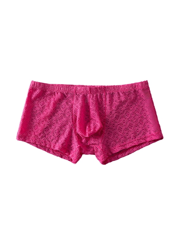 Men's Lace Boxer Briefs Soft Fit Mesh Panties Breathable Pouch Underwear Exotic Trunks Pink XXL