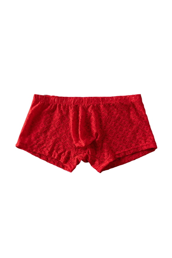 Men's Lace Boxer Briefs Soft Fit Mesh Panties Breathable Pouch Underwear Exotic Trunks Red XL