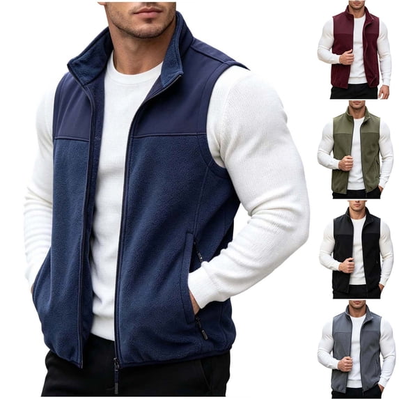 LODIENY Men's Large Size (M-5XL) Fleece Vest Lightweight Warm Zip Up Polar Vests Outerwear with Zipper Pockets Sleeveless Stand Collar Jacket for Fall Winter Dark Blue L