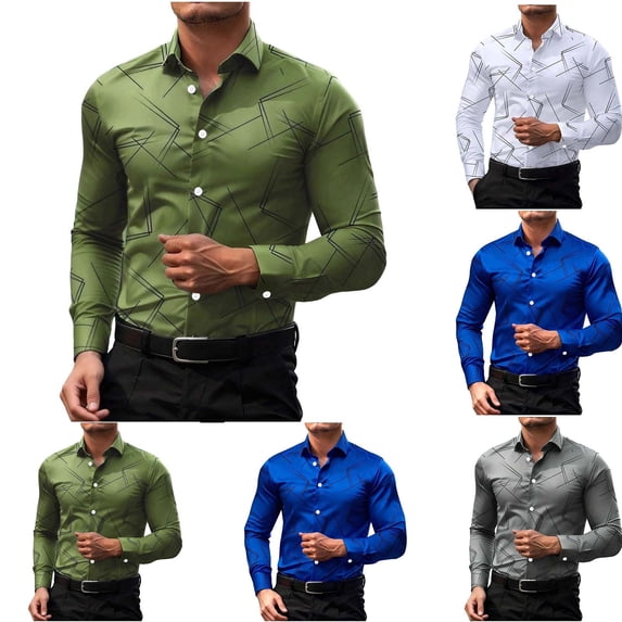 LODIENY Men's Large Size (S-5XL) Pattern Print Dress Shirt Long Sleeve Button Down Collared Slim Fit Business Shirts Dark Blue M