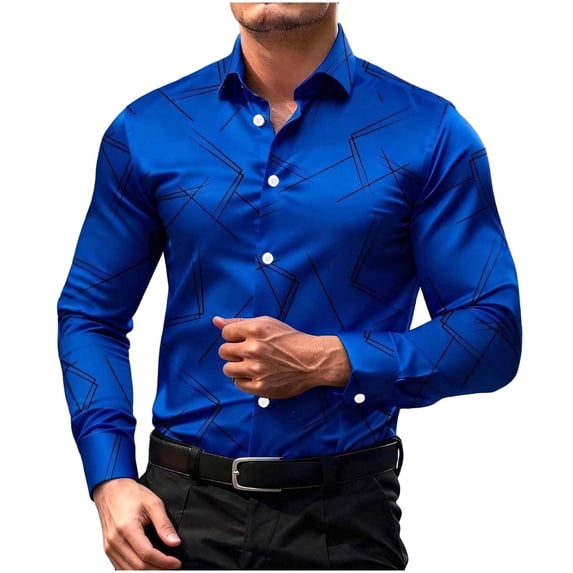 LODIENY Men's Large Size (S-5XL) Pattern Print Dress Shirt Long Sleeve Button Down Collared Slim Fit Business Shirts Dark Blue XXXXXL
