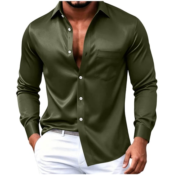 LODIENY Men's Large Size (S-5XL) Satin Stretch Dress Shirt Solid Long Sleeve Button Down Shirts Collared Slim Fit Lightweight Tops with Pocket for Business Wedding Army Green XXL