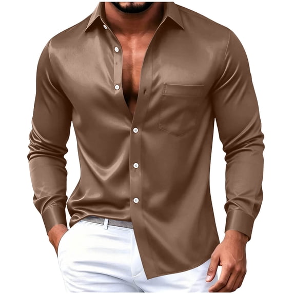 LODIENY Men's Large Size (S-5XL) Satin Stretch Dress Shirt Solid Long Sleeve Button Down Shirts Collared Slim Fit Lightweight Tops with Pocket for Business Wedding Brown XL