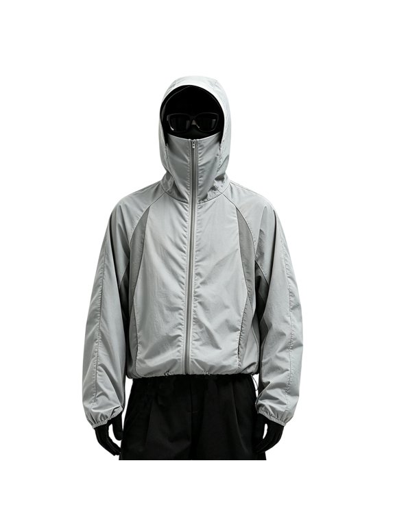 Men's Lightweight Full Zip Face Mask Jacket Long Sleeve Color Block Adjustable Hem Coat Light Athletic Outdoor Windbreaker Jackets with Zipper Pockets Gray L