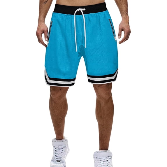 LODIENY Men's Mesh Basketball Shorts Joggers Athletic Gym Workout Short Pants Drawstring Elastic Waist Side Split Breathable Sweat Shorts with Zip Pockets Sky Blue L