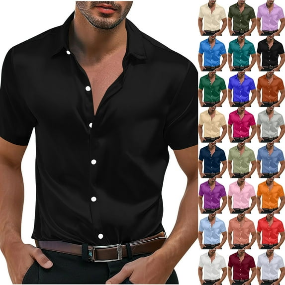 LODIENY Men's Muscle Dress Shirts Solid Short Sleeve Dress Party Shirts Athletic Slim Fit Stretch Business Casual Button Down Shirt Orange XXL