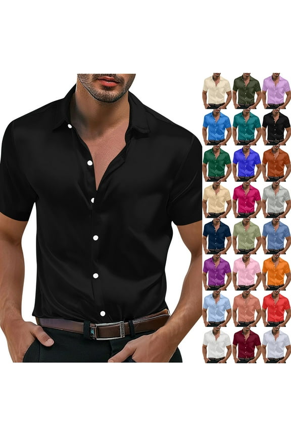 Men's Muscle Dress Shirts Solid Short Sleeve Dress Party Shirts Athletic Slim Fit Stretch Business Casual Button Down Shirt Silver L