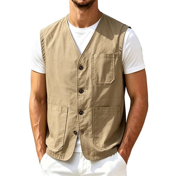 LODIENY Men's Plus Size (XS-5XL) Cotton Linen Utility Vest Button Up V Neck Casual Outdoor Waistcoat with Multi Pockets Khaki M