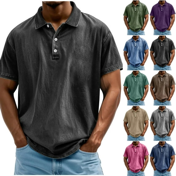 LODIENY Men's Polo Shirts Collared Short Sleeve Distressed Washed Button T-Shirt Athletic Golf Shirts Casual Vintage Basic Workout Tee Tops Khaki XXXXXL