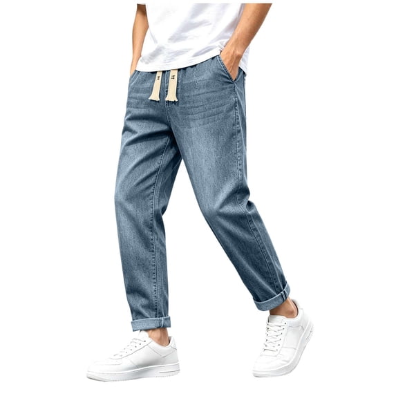 LODIENY Men's Regular Fit Straight Leg Cuffed Jeans Drawstring Elastic Waist Y2K Denim Pants with Pockets Navy M