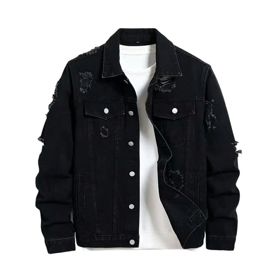 LODIENY Men's Ripped Denim Jacket Patchwork Fringe Slim Fit Jean Jackets Vintage Distressed Stylish Streetwear Coat Button Down Collared Cowboy Outerwear Black XL