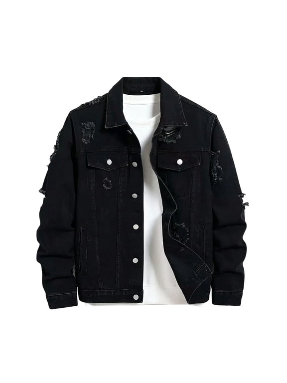 Men's Ripped Denim Jacket Patchwork Fringe Slim Fit Jean Jackets Vintage Distressed Stylish Streetwear Coat Button Down Collared Cowboy Outerwear Black L