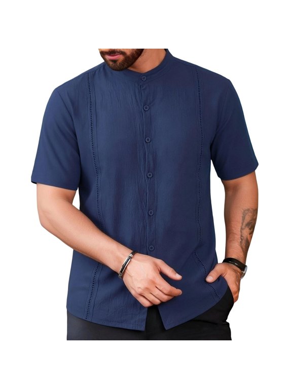 Men's Short Sleeve Cuban Guayabera Shirts Casual Summer Beach Button Down Shirt Band Neck Linen Vacation Tops Navy XXL