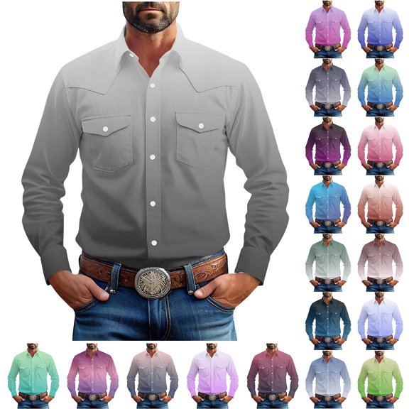 LODIENY Men’s Short Sleeve Western Shirt with Pearl Snap-on Buttons Regular Fit Casual Tie Dye Gradient Color Print Basic Collared T-Shirt Tops Wine M
