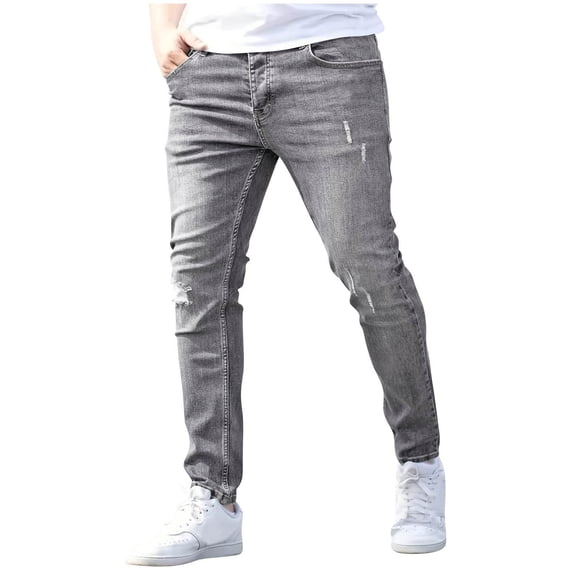 LODIENY Men's Slim Fit Jeans Straight Leg Stretch Destroyed Ripped Distressed Skinny Denim Pants Gray S