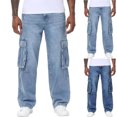 thumbnail image 1 of LODIENY Men's Stretch Loose Fit Wide-Leg Baggy Cargo Jeans Heavyweight Basic Fit Washed Denim Pants with Multi Pockets Light Blue XXL, 1 of 8