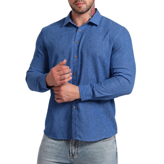 LODIENY Men's Stretch Wrinkle Free Dress Shirt Long Sleeve Collared Button Down Shirts Regular Fit Wedding Work Blouses Blue S