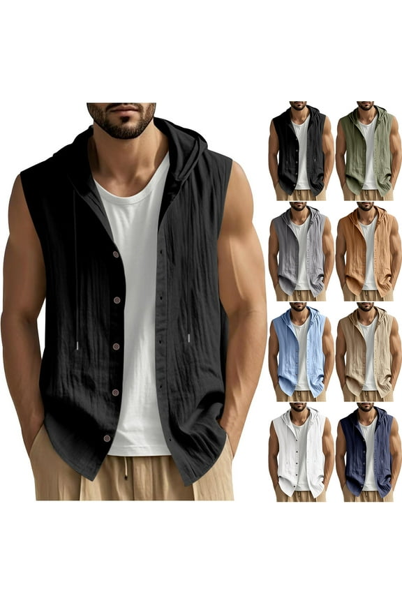 Men’s Summer Linen Shirt Athletic Sleeveless Button Down Shirts Lightweight Cardigan Hooded Shirt Outdoor Casual Drawstring Tops Khaki L