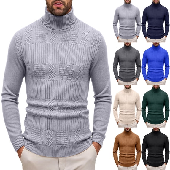 LODIENY Men's Turtleneck Sweater Textured Knitted Long Sleeve Slim Fit Sweaters Stretch Stylish Fall Winter Tops Blue XXL