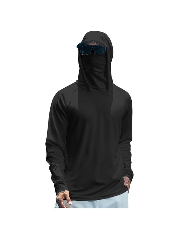 Men's UPF 50+ Sun Protection Hooded Shirts with Integrated Face Cover Long Sleeve Lightweight Rash Guard Tops Quick Dry Cooling Fishing Tees Black,Navy,Blue,Dark Gray,Gray,Khaki,Army Green M