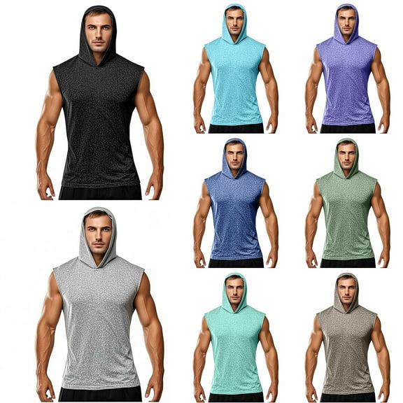 LODIENY Men's Workout Hooded Tank Tops Bodybuilding Muscle Cut Off T Shirt Trendy Solid Color Regular Fit Casual Sleeveless Gym Hoodies Vest Khaki S