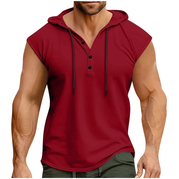 LODIENY Men's Workout Hooded Tank Tops Sports Training Sleeveless Casual Drawstring Button up Henley Shirts Loose Gym Hoodies Bodybuilding Cut Off Muscle Shirts Red XXL