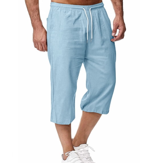 LODIENY Mens 3/4 Sweatpants Elastic Waist Drawstring Lightweight Cropped Pants Straight Leg Joggers Workout Athletic Trousers for Summer with Pockets Light Blue M