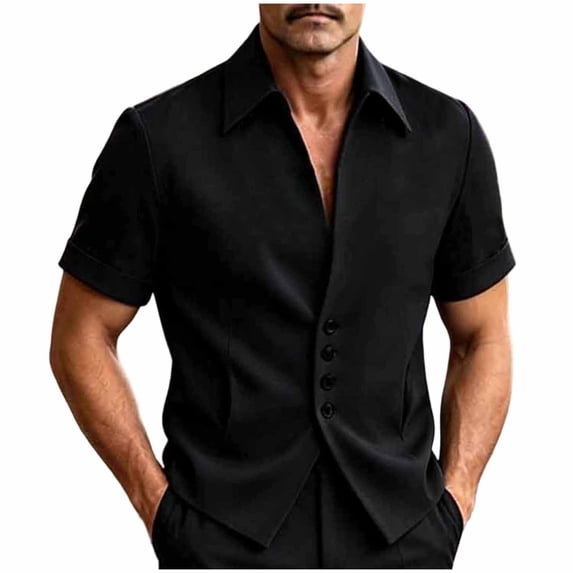 LODIENY Mens 4 Button Dress Shirt Slim Fit Collared Short Sleeve Business Wedding Shirts Casual Stylish Tunic Tops Black XXL