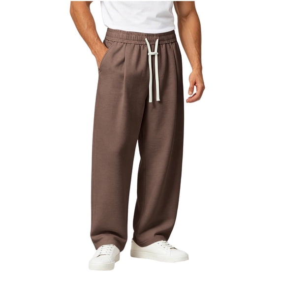 LODIENY Mens Baggy Pants Casual Wide Leg Loose Fit Joggers Sweatpants Elastic Waist Drawstring Trousers with Pockets Coffee XXXXL
