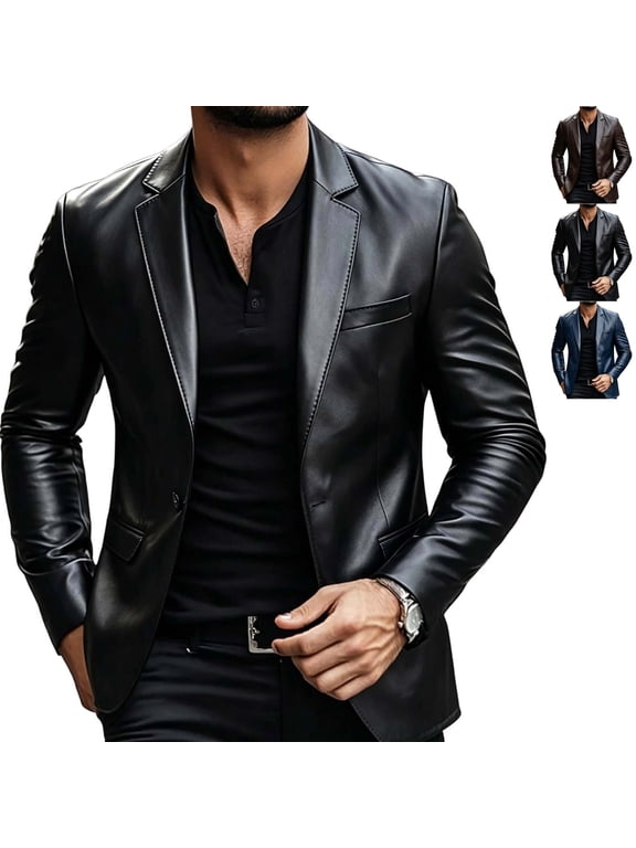 Mens Big and Tall (M-5XL) Faux Leather Blazer Jacket Notch Lapel Collar One Button Closure Sport Coat with Inside Pockets Dark Blue XXXXXL
