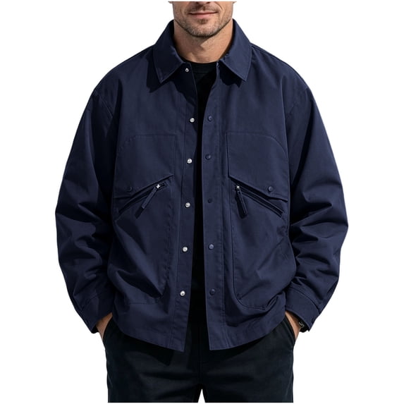 LODIENY Mens Big and Tall (M-5XL) Jacket Classic Fit Collared Outdoor Windbreaker Relaxed Fit Snap Button Coat with Zipper Pockets Navy M
