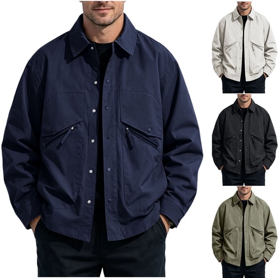 LODIENY Mens Big and Tall (M-5XL) Jacket Classic Fit Collared Outdoor Windbreaker Relaxed Fit Snap Button Coat with Zipper Pockets White L