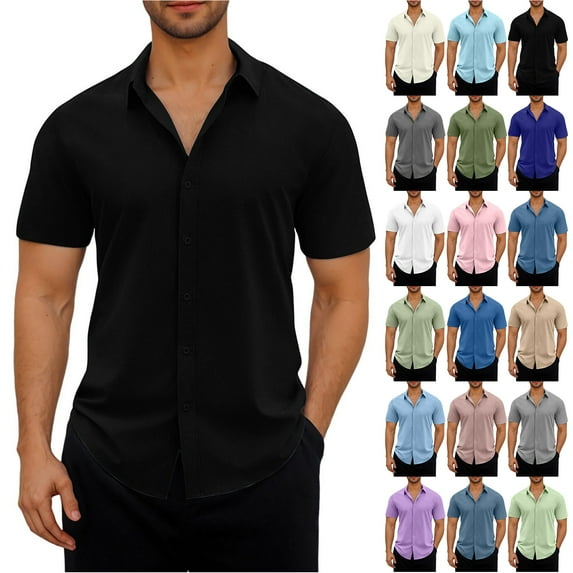 LODIENY Mens Casual Shirts Short Sleeve Button Down Shirt Elastic Wrinkle Free Business Shirt Beach Vacation Summer Wedding Fashion Tops Beige XL