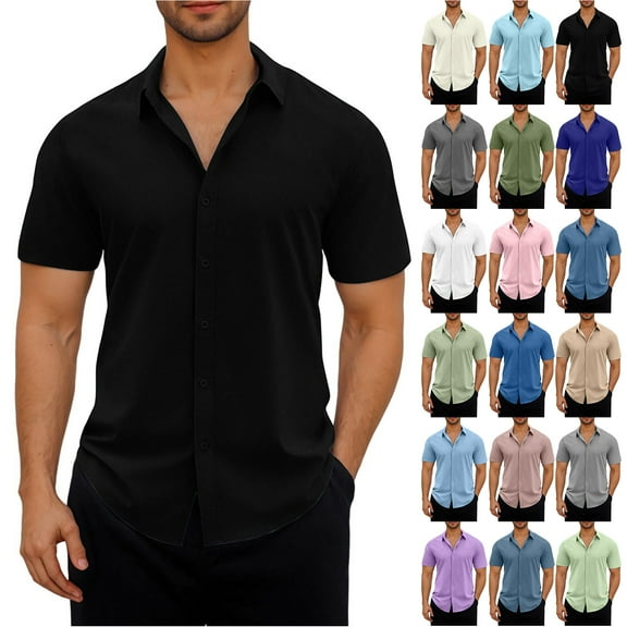 LODIENY Mens Casual Shirts Short Sleeve Button Down Shirt Elastic Wrinkle Free Business Shirt Beach Vacation Summer Wedding Fashion Tops Green#01 L