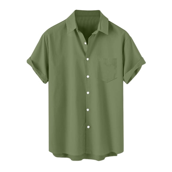 LODIENY Mens Casual Short Sleeve Button Down Hawaiian Shirts Regular Fit Solid Color Stretch Dress Formal Shirts Trendy Holiday Vacation Tees Shirt Tops with Pockets Army Green XXXXXL