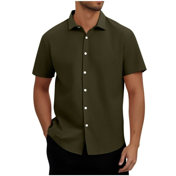 LODIENY Mens Casual Textured T-Shirts Short Sleeve Button Down Dress Shirts Trendy Solid Color Beach Holiday Vacation Tees Shirt Tops Army Green L