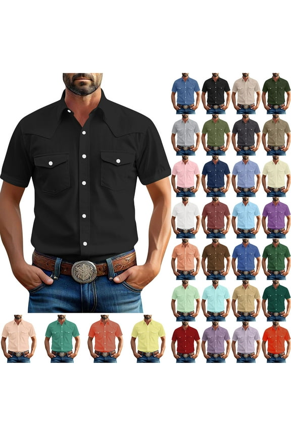 Mens Casual Western Solid Short Sleeve Pearl Snaps Work Shirt Big and Tall Regular Fit Button Down Cowboy T-Shirts Men's Uniform Shirt with Double Chest Pockets Orange XL