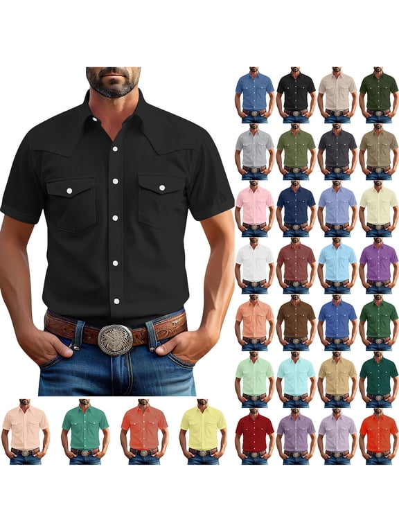 Mens Casual Western Solid Short Sleeve Pearl Snaps Work Shirt Big and Tall Regular Fit Button Down Cowboy T-Shirts Men's Uniform Shirt with Double Chest Pockets Black XL