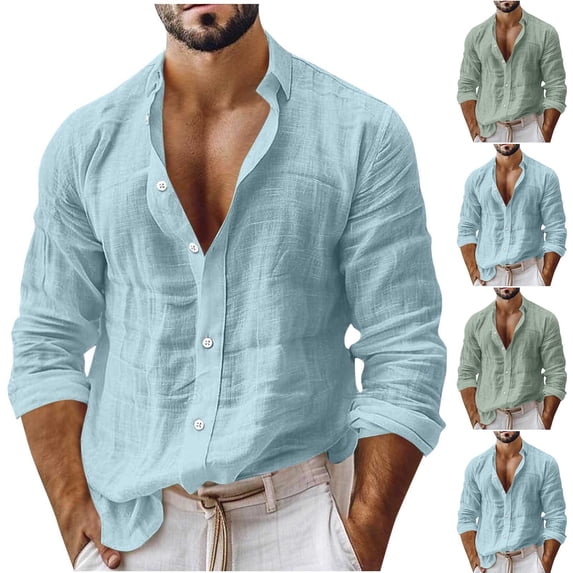 LODIENY Mens Cotton Linen Loose Fit Button Down Shirts Long Sleeve Collared Lightweight Tops for Casual Beach Vacation Light Blue M