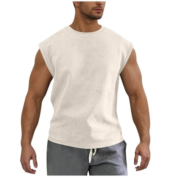 LODIENY Mens Cotton Workout Gym Tank Top Big and Tall Regular Fit Casual Sleeveless Cut Off Muscle Shirts Acid Wash Tshirts Running Beach Loose Fit Tees Khaki M