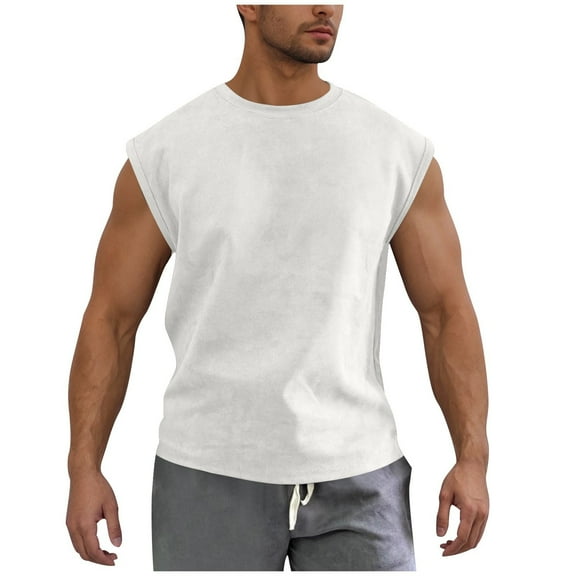 LODIENY Mens Cotton Workout Gym Tank Top Big and Tall Regular Fit Casual Sleeveless Cut Off Muscle Shirts Acid Wash Tshirts Running Beach Loose Fit Tees White XXXXXL