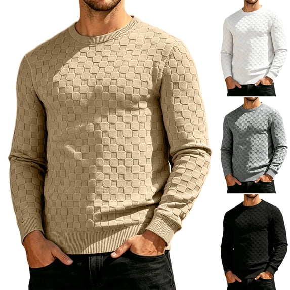 LODIENY Mens Crew Neck Jacquard Textured Sweater Knit Casual Plaid Patterned Tops Long Sleeve Classic Fit Stretch Sweaters Black XL