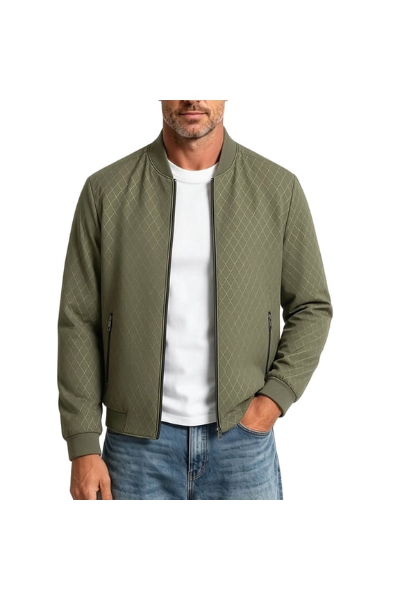 Mens Diamond Jacquard Bomber Jackets with Zipper Pockets Full Zip Wrinkle Free Basic Varsity Jacket Green M