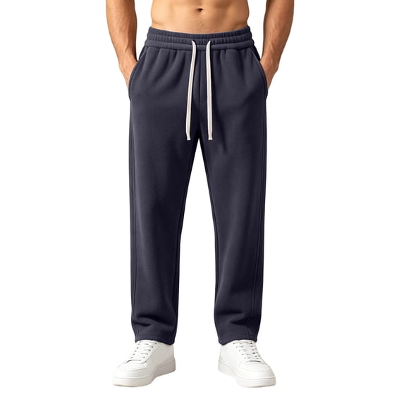 LODIENY Mens Double Sided Fleece Large Size (S-5XL) Pants Baggy Straight Leg Open Bottom Stretch Drawstring Heavyweight Warm Lounge Sweatpants with Pockets Navy M