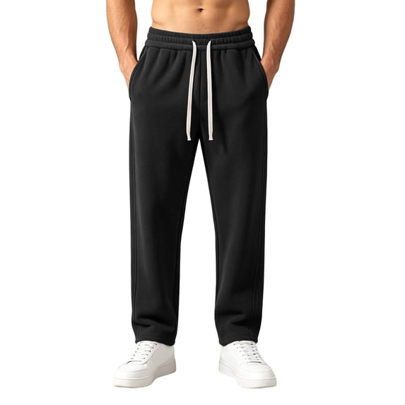 LODIENY Mens Double Sided Fleece Large Size (S-5XL) Pants Baggy Straight Leg Open Bottom Stretch Drawstring Heavyweight Warm Lounge Sweatpants with Pockets Black XXXXXL