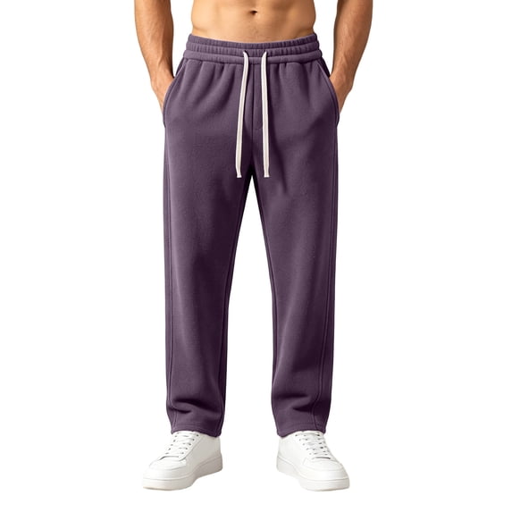 LODIENY Mens Double Sided Fleece Large Size (S-5XL) Pants Baggy Straight Leg Open Bottom Stretch Drawstring Heavyweight Warm Lounge Sweatpants with Pockets Purple S