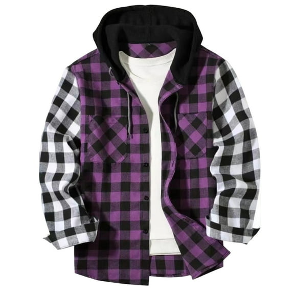 LODIENY Mens Flannel Hoodie Shirt Casual Button Down Plaid Jacket Shirts Stylish Patchwork Long Sleeve Hooded Outwear Tops with Pocket Purple S